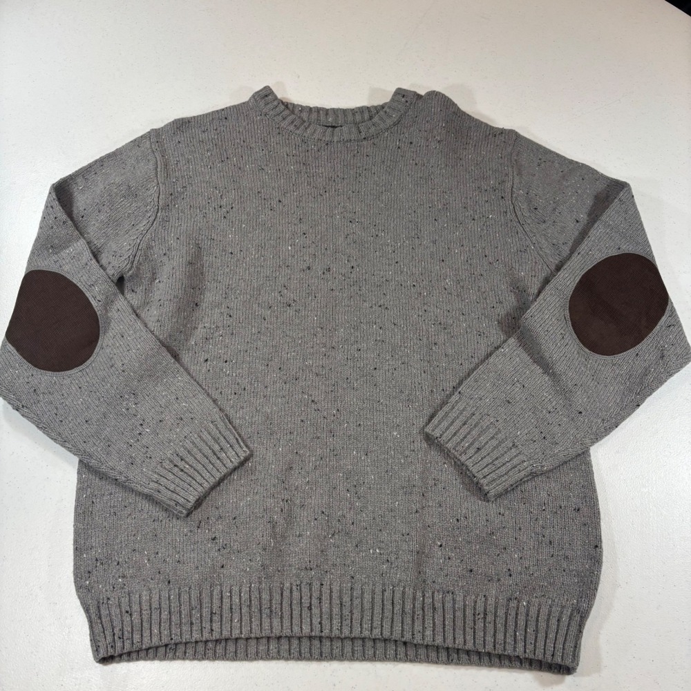 Line of Trade Gray Donegal Wool Blend Crewneck Sweater Elbow Patches Mens XL